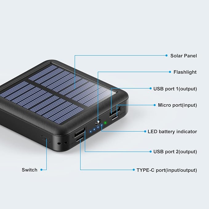 Solar Power Bank 12000mAh, Small Solar Charger Built in 4 Cables, USB C