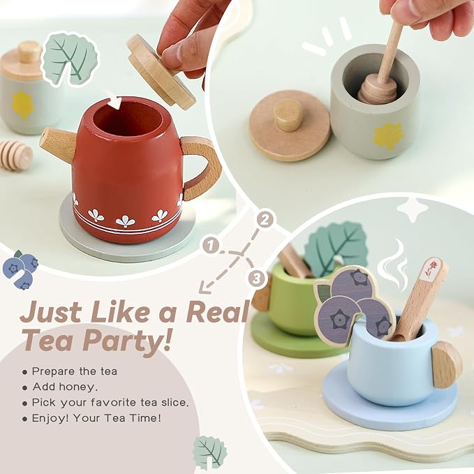 Wooden Tea Set for Little Girls, Play Food Sets for Kids Pretend Play Kitchen