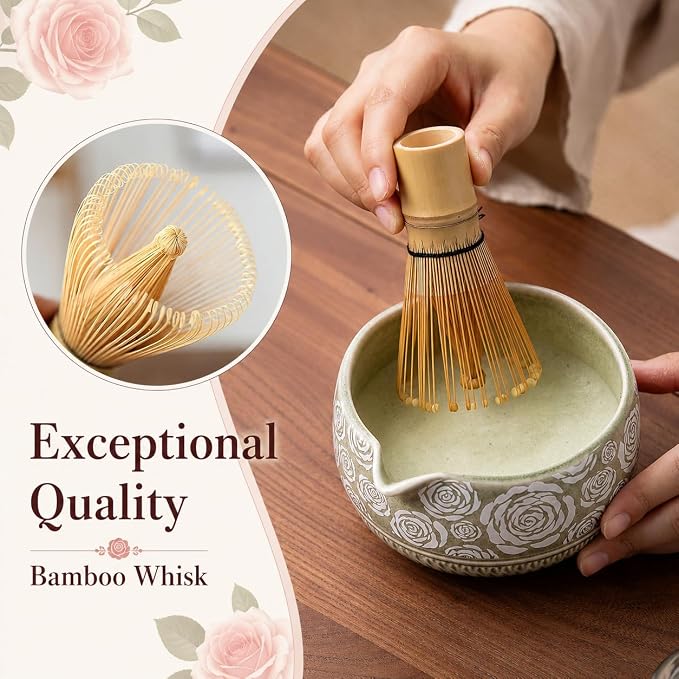 Matcha Whisk Set, 7-Pc Ceramic Matcha Bowl Kit, Bamboo Whisk, （Rose Green） |