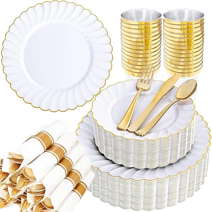 YOUBET 350PCS White and Gold Scalloped Plastic Plates