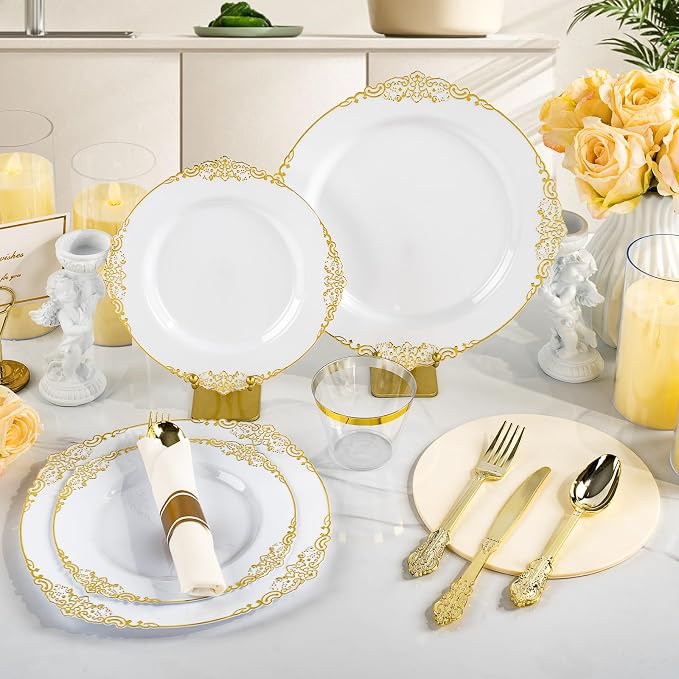 Bestluck 175PCS Gold Disposable Dinnerware