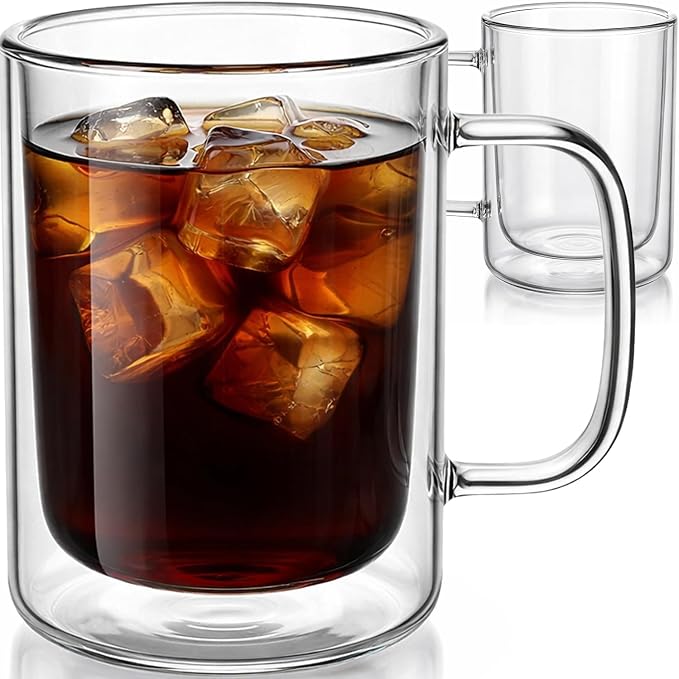 Aquach 12oz Double Walled Glass Coffee Mugs Set of 2, Insulated Tea Cups |