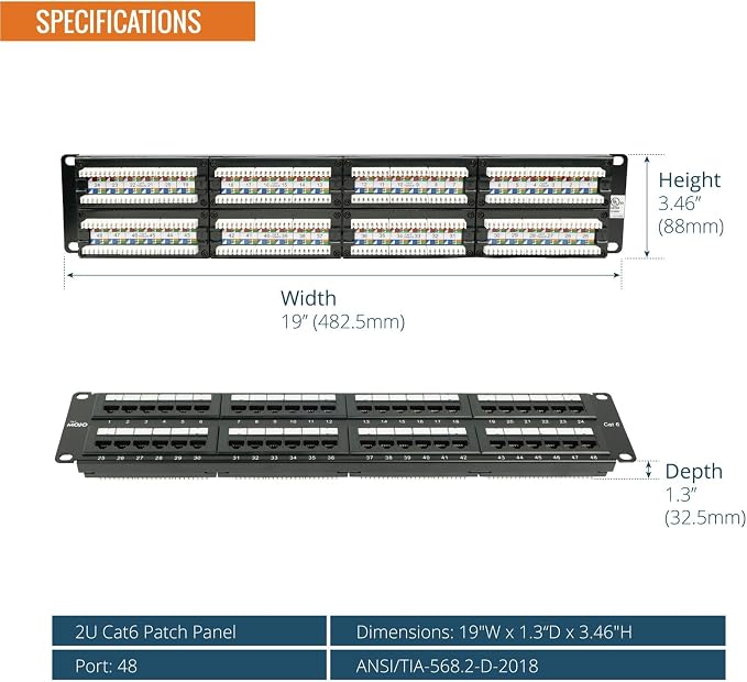 Tecmojo 48 Port Patch Panel, Cat6 Patch Panel, 2U Patch Panel, Network Patch