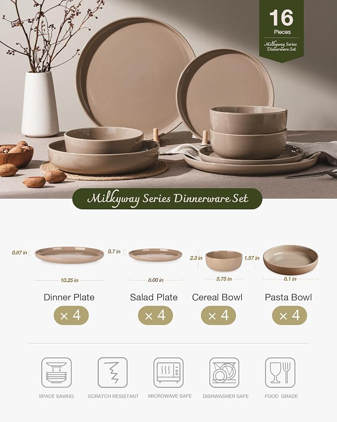 Famiware Milkyway 16-Piece Stoneware Plates and Bowls, Cinnamon Brown |