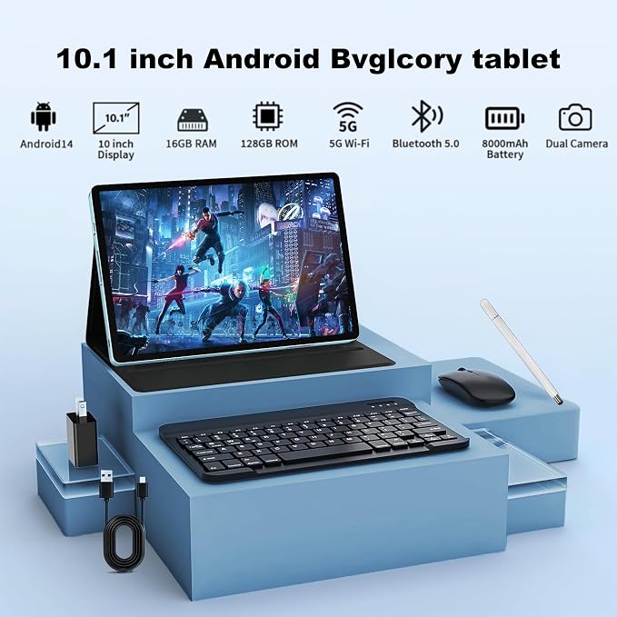 Android 14 Tablet with Keyboard，16GB RAM 128GB ROM 1TB Expand, 8000mAh Battery