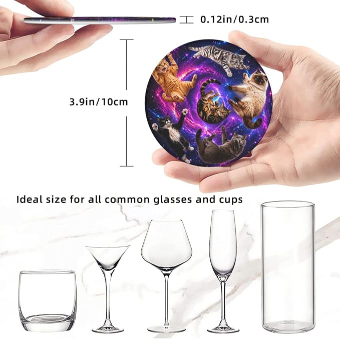 Cosmic Galaxy Cat Art Leather Coasters Set of 6