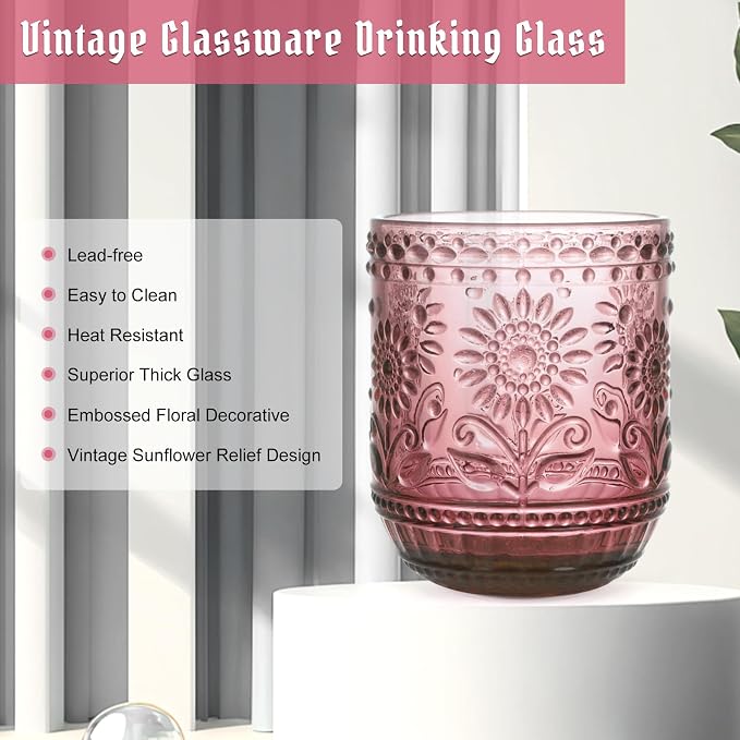 Topsky Vintage Drinking Glass Set of 4, 12 oz Embossed Floral Drinkware Set
