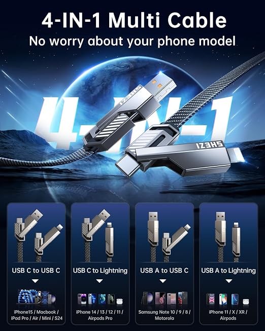 4-in-1 Long USB C Cable 45W 15FT Fast Charging Flat Nylon Braided