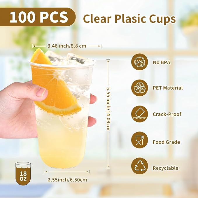 KesaPlan 100 Pcs 18oz Plastic Clear Cups, Disposable Wine Cocktail Glasses |