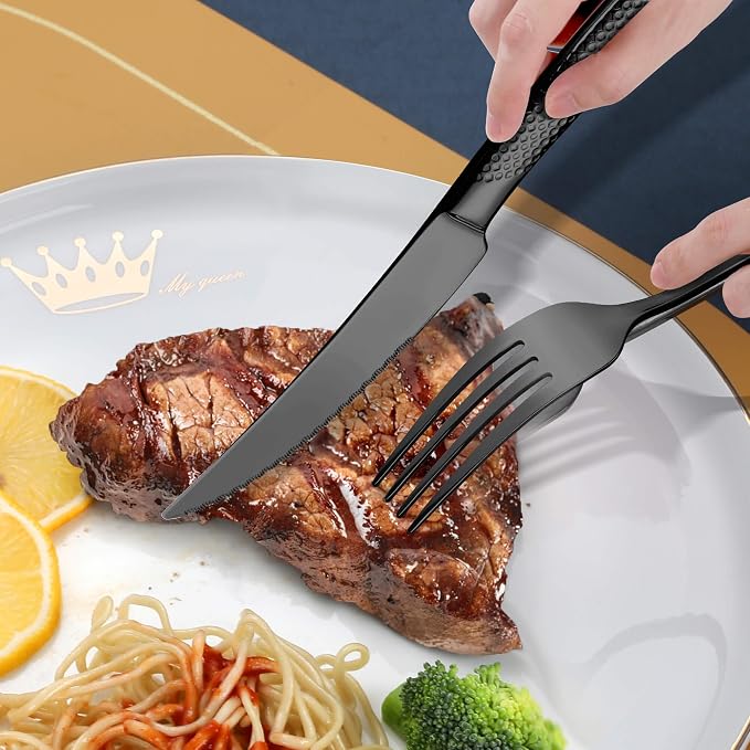 40-Piece Hammered Black Silverware Set