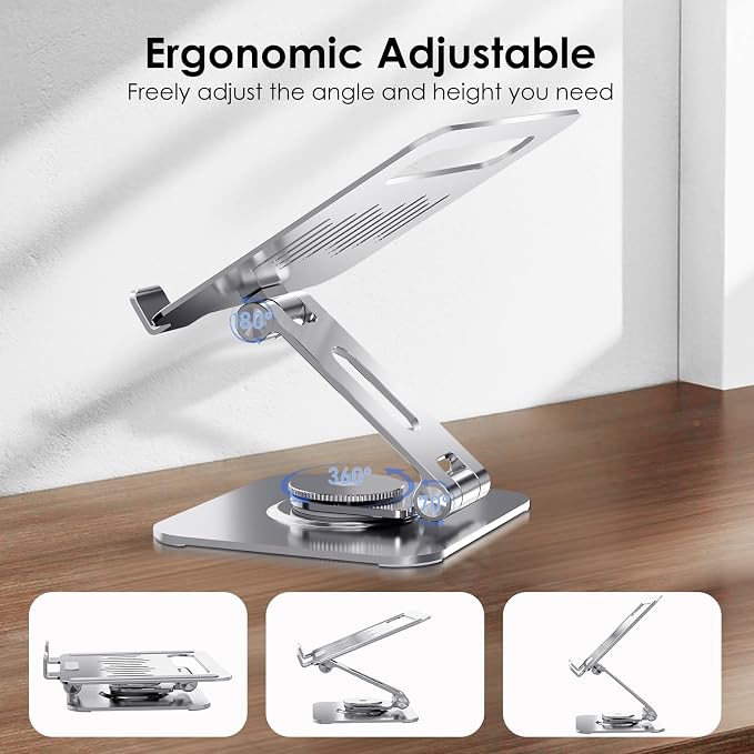 Tablet Stand for Desk, 360° Swivel for iPad Holder, Aluminum Adjustable Tablet