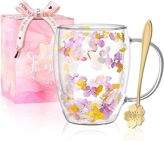 Double Wall Glass Coffee Mugs, Aesthetic Dried Flowers Cups