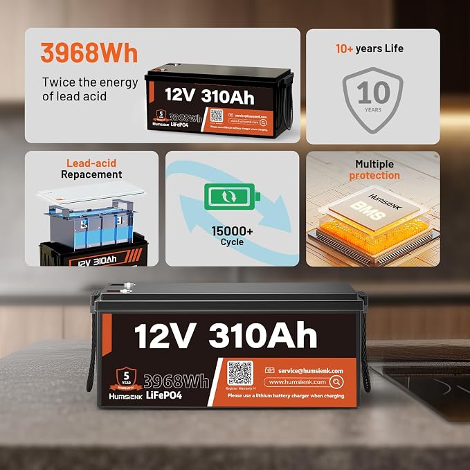 12V 310Ah LiFePO4 Lithium Battery – Max. 3968Wh Solar/RV/Off-Grid Power