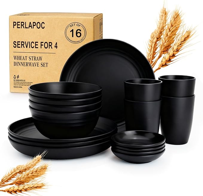 Wheat Straw Dinnerware Sets 16 PCS, Unbreakable Kids Plates and Bowls