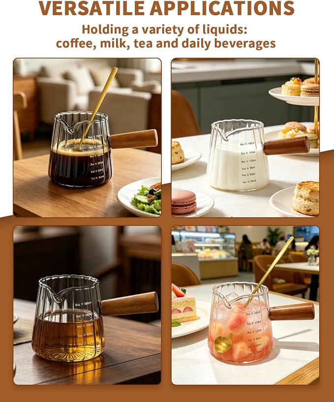 2 Pack Espresso Measuring Cups & 2 Spoons, 6oz Gray & Clear Borosilicate Glass