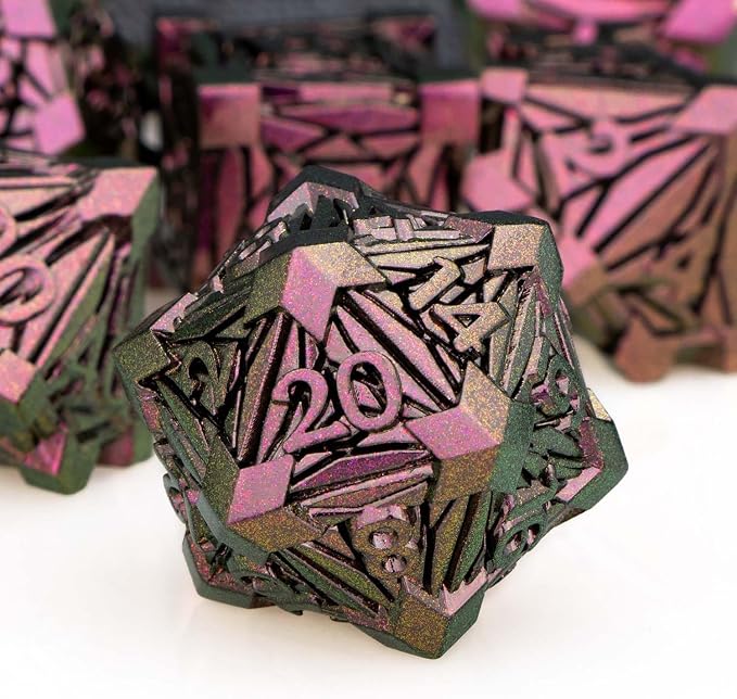 7PCS Metal DND Dice Set with Box, Debris RPG Purple Red D and D Dice