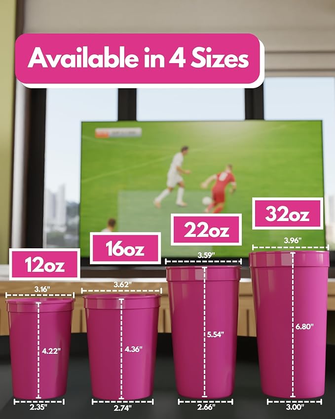 PartyPrints 10 Pack 16 oz Neon Pink Reusable Blank Plastic Cups, Stadium Cups