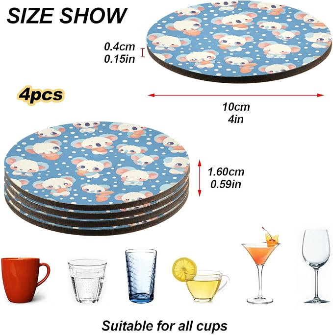 Seamless Cartoon Koala Bear 4 Piecing Set Drink Coasters Thick Heat Resistant
