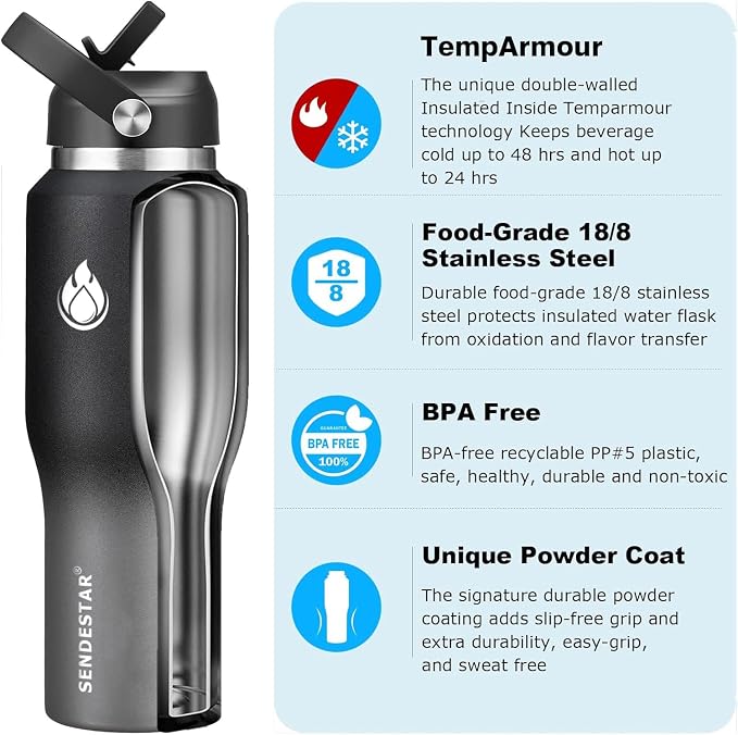 SENDESTAR 40oz Stainless Steel Water Bottle, Double Wall Vacuum Insulated Bottle