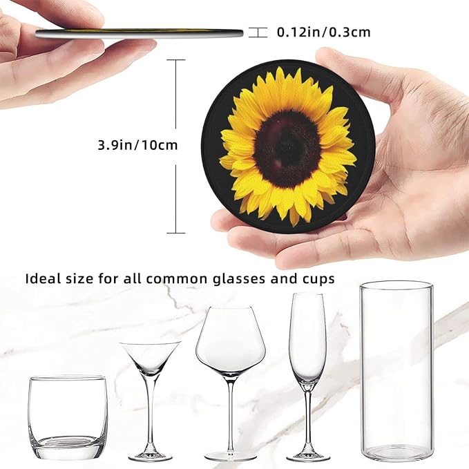 6 Pcs Black Farmhouse Blossom Sunflower Leather Coasters