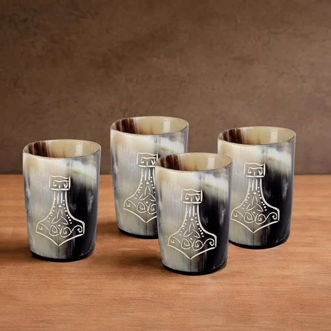 Handicrafts Home Viking Horn Shot Glasses Set of 4, Handmade Natural Ox Horn