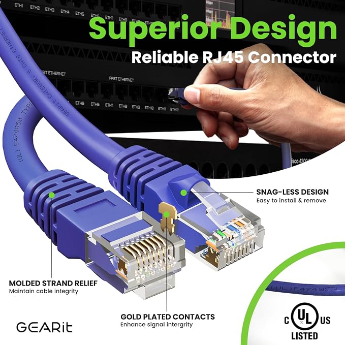 GearIT Cat 6 Ethernet Cable Cat6 Network Patch, Snagless Cord, Internet