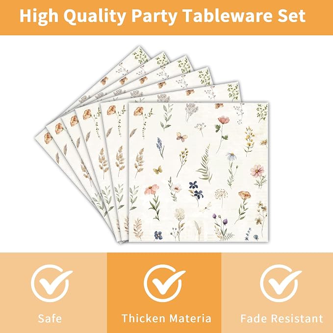96 Pcs Wildflower Party Decorations, Floral Tableware Set | Serves 24 guests
