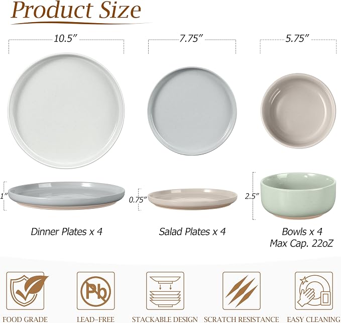 LIANYU 12 Piece Ceramic Dinnerware Set, Stoneware Dinner Dish Set
