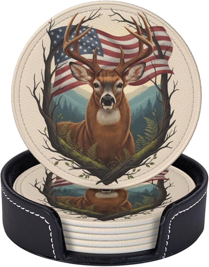 Rustic Patriotic Deer Antler Art Leather Coasters Set of 6