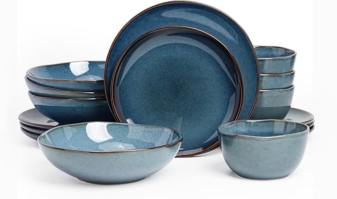 Highland 16pc Dinnerware Set, Unique Organic Shape Double Bowl, Stoneware Plate