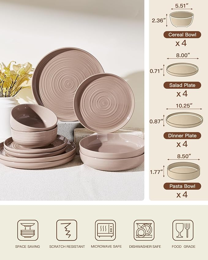 Stoneware Dinnerware Set with Pasta Bowls, Service