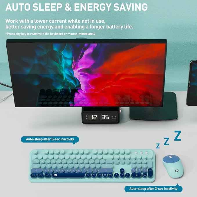 Wireless Keyboard and Mouse Set, 104 Round Keys Full-Size Cute Colorful