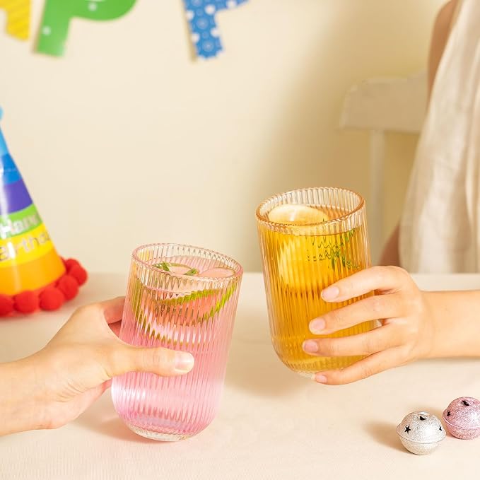 Ribbed Drinking Glasses 8pcs, Rocks Drinking Glasses 12oz and 10oz, Tumbler
