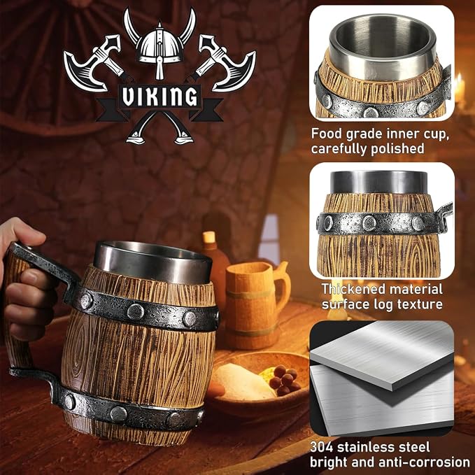 Nordic Viking Mug, pirate Beer Cup, Wooden Barrel Beer Mug Stainless Steel Liner