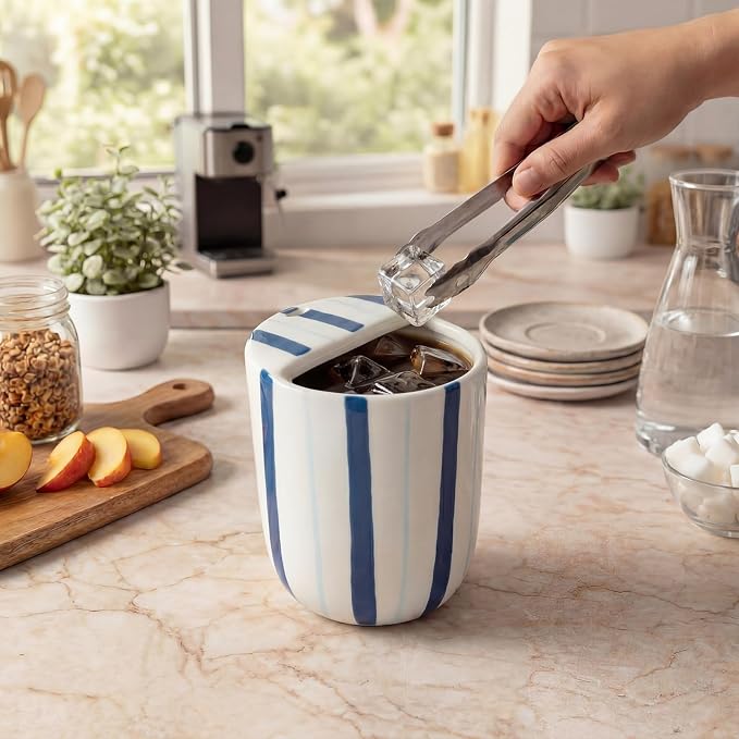 Ceramic Mug with Sip Hole 10 oz Deep and Light Blue Red Striped Ceramic Coffee