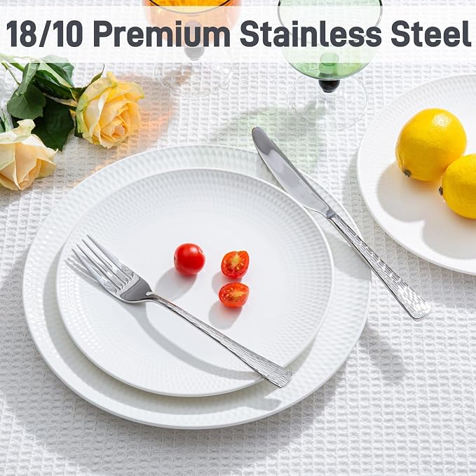 Silverware Set for 12, 60 Piece Flatware Set, 18/10 Stainless Steel | Hammered