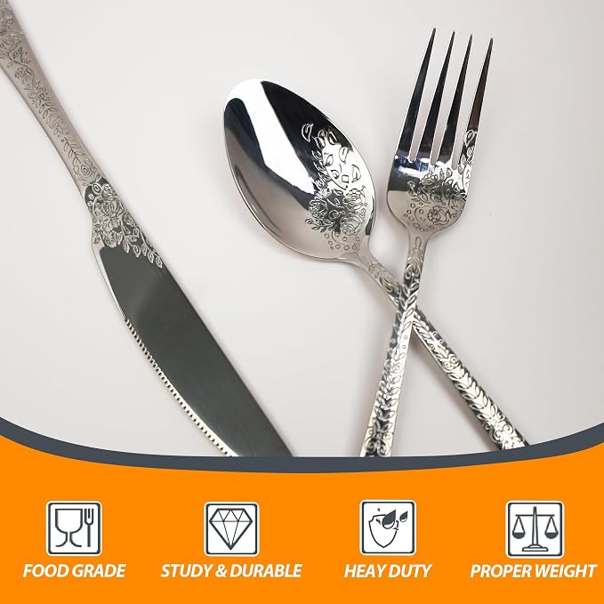 Runfly Modern Carved Floral Silver Stainless Steel 20-Piece Flatware Set |