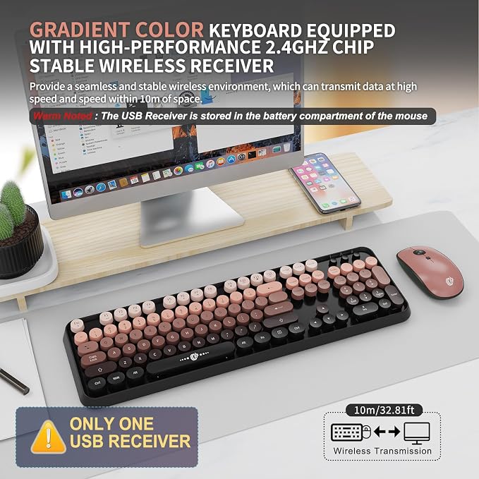 Wireless Keyboard and Mouse Combo, 104 Round Keys Cute Colorful Keyboard and