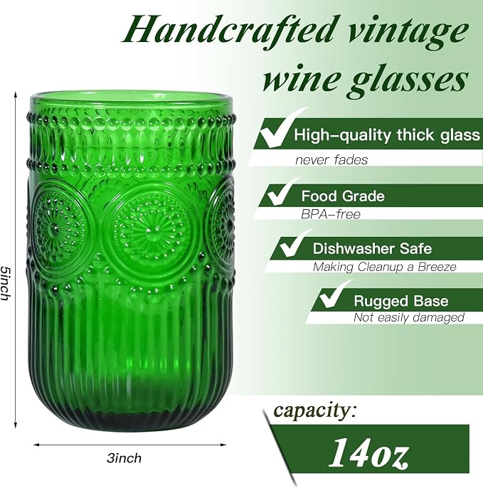 CHLJAR Christmas Green Vintage Wine Drinking Glasses Set of 6, 14 oz hobnail