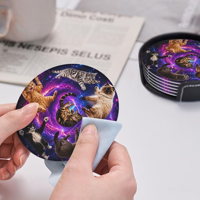 Cosmic Galaxy Cat Art Leather Coasters Set of 6