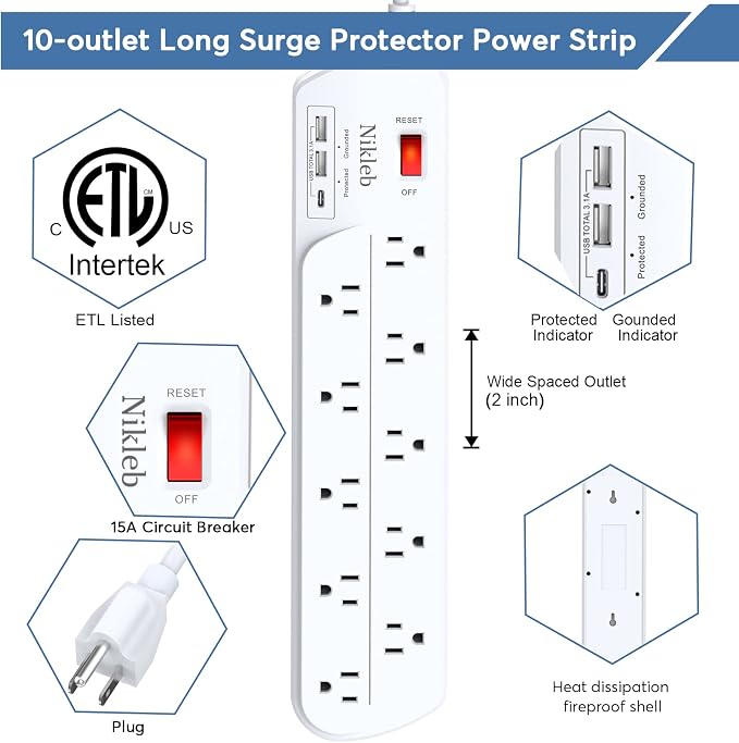 Long Power Strip, Heavy Duty Extension Cord