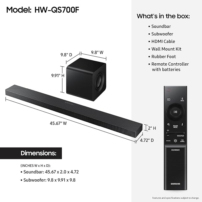 Samsung Q-Series Soundbar HW-QS700F 3.1.2 ch Subwoofer Convertible Fit