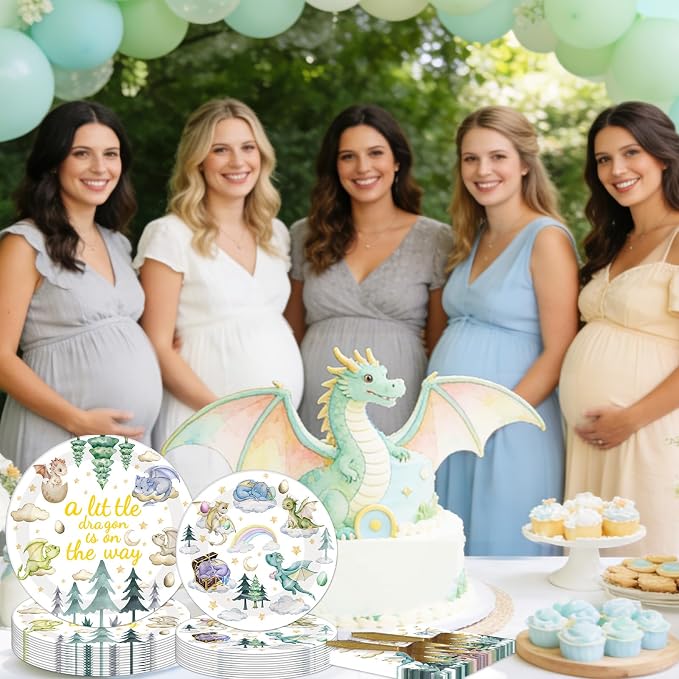 EUOYUFO 96Pcs A Little Dragon is On The Way Baby Shower Paper Plates Napkins