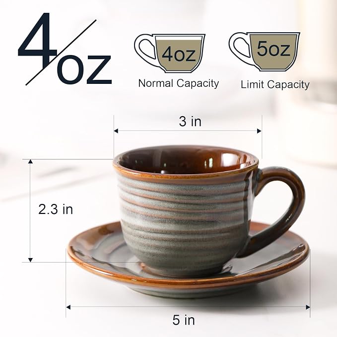 Hasense Espresso Cups with Saucers, 4 oz Small Ceramic Espresso Coffee Mugs Set