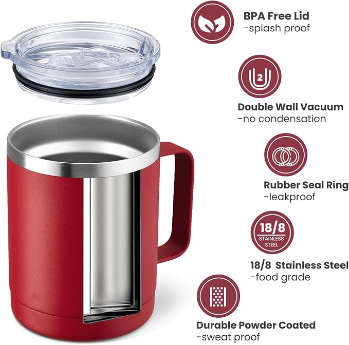 MEWAY 12oz Coffee Mug With Handle and Sliding Lid, Stainless Steel Travel