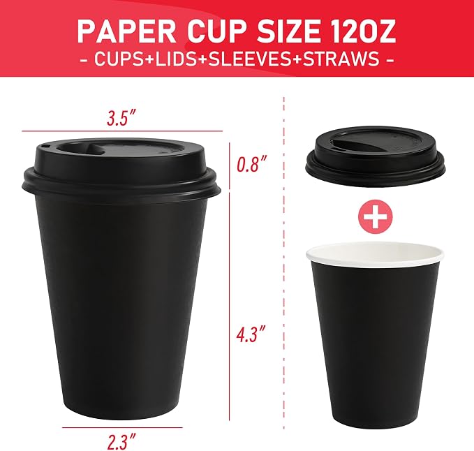 12 oz Paper Coffee Cups with Lids 100 Pack, To Go Cups,