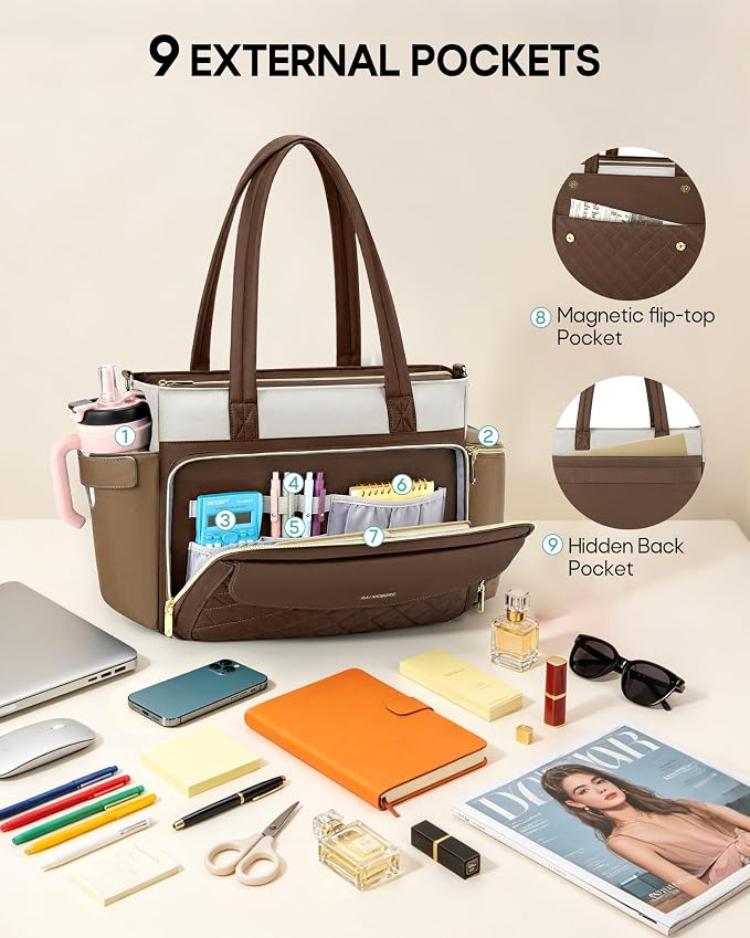 RAINSMORE Teacher Bag for Women, 15.6" Laptop Work Tote, 40oz Cup Holder |