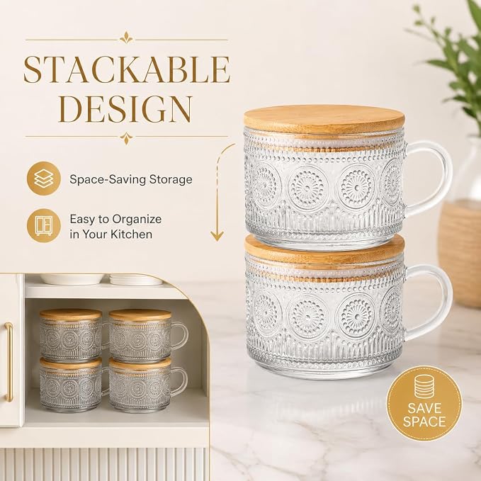 Semderm Vintage Glass Coffee Mugs Set of 4, Overnight Oats Containers - 14oz