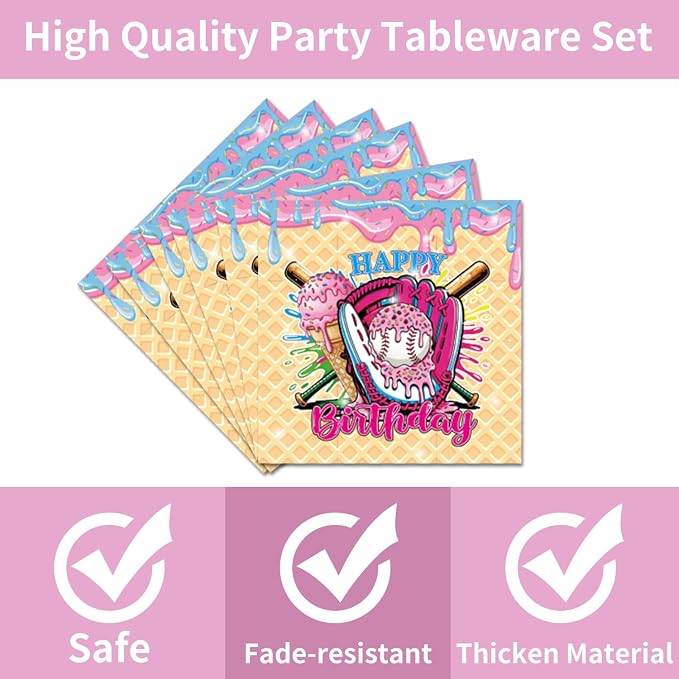 EUOYUFO 96Pcs Ice Cream Party Decorations Tableware Set Ice Cream Baseball Drip
