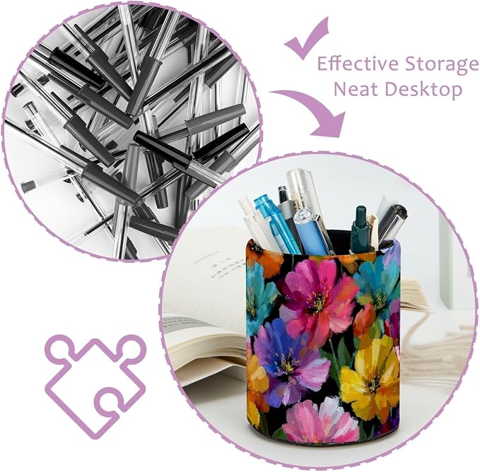 Leather Pen Holder for Desk, Oil Painting Flower Pencil Cup Pen Organizer